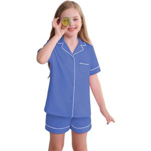 Veseacky Girls Soft Pajamas Toddler Kids Pjs 100% Cotton 2 PCs Pyjamas Short Sleeve Pjs Pants Set Blue 4t 5t