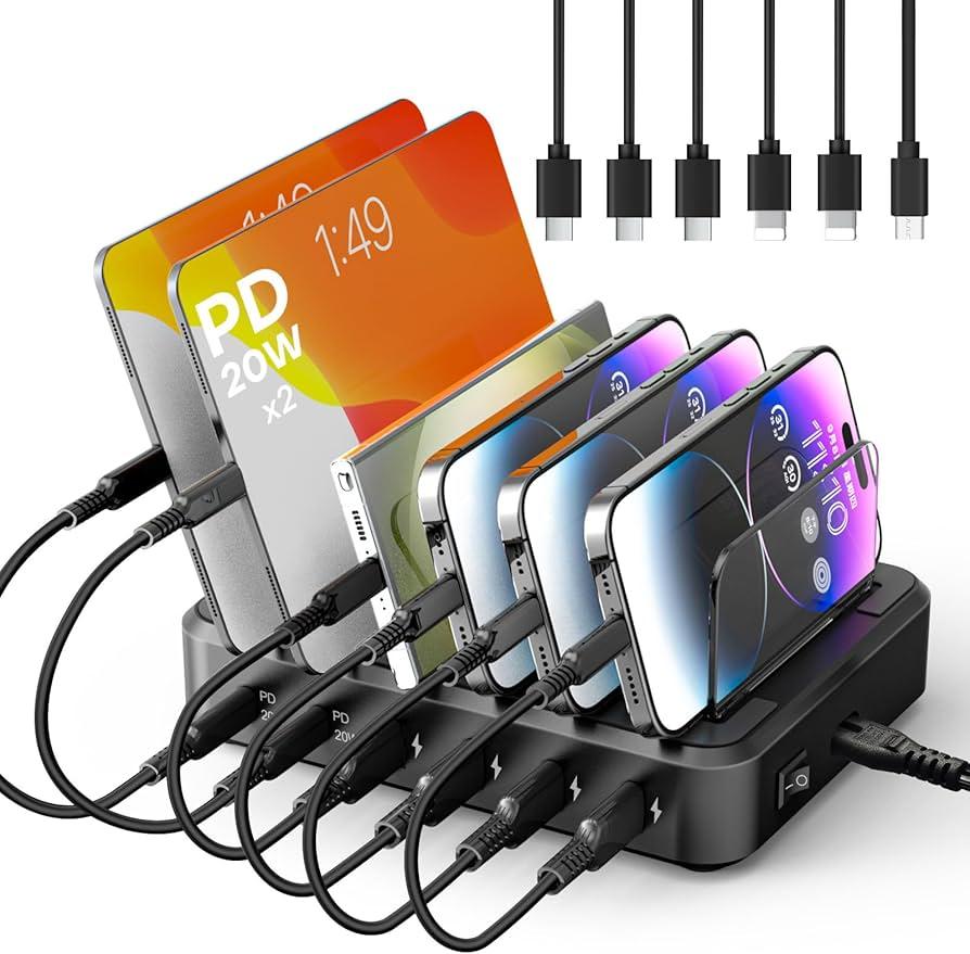 Charging Station for Multiple Devices, 6 Ports Multi Devices USB Charger Fast Cell Phone Charging Station for iPhone iPad Tablet (Black, 6 Mixed Cables Included)