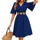 LightlyKiss Women's Blue V-Neck Short Bell Sleeve A-Line Cocktail Dress with Embroidered Belt Summer Beach Party Wedding Guest Evening Dress (Blue, XL)