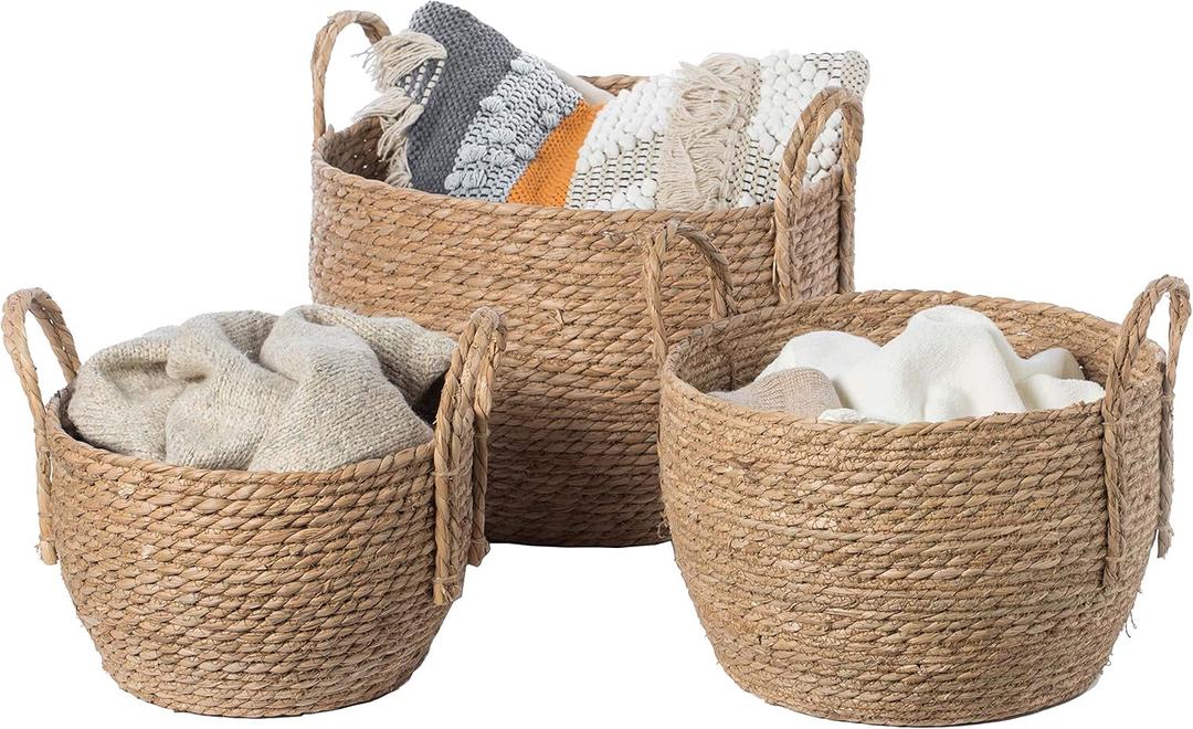 Vintiquewise Decorative Round Wicker Woven Rope Storage Blanket Basket with Braided Handles - Set of 3 (Brown)