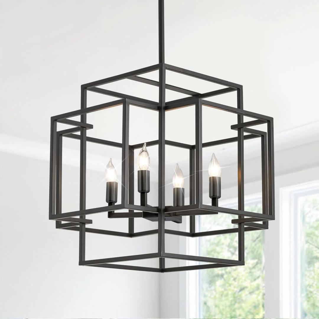 WJShome 16.5" Black Chandelier, 4-Light Farmhouse Foyer Lighting Fixtures, Modern Industrial Ceiling Lantern Pendant Light Large Chandeliers for High Ceilings, for Dining Room, Entryway, Staircase