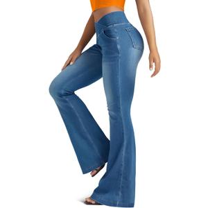 Knit Stretchy Jean Leggings for Women with Crossover High Waisted Bell Bottom Yoga Pants Flare Leggings with Pockets (Large, Blue)