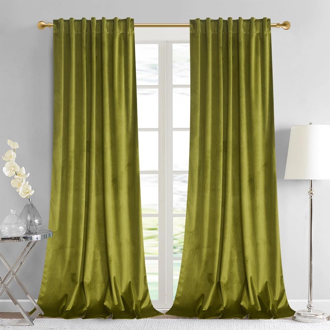 Olive Green Velvet Curtains 84 inches - Lime Thermal Insulated Window Drapes for Living Room, Back Tab Luxury Home Decor Curtains for Bedroom Sliding Door, W52 x L84, 2 Panels