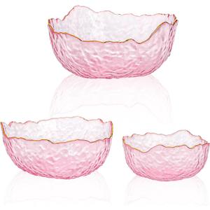 ZEAYEA Set of 3 Glass Salad Bowls, Pink Serving Bowls for Kitchen Prep, Decorative Large Candy Bowl, Irregular Shape Space Saving Nesting Set for Salad, Fruit, Snack, Dessert