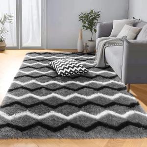 4x6 Rug Fluffy Soft Fuzzy Plush Shag Striped Washable Area Rug for Bedroom Living Room, Chevron Shaggy Floor Carpets Geometric Rugs for Kids Boys Playroom Dorm Classroom, Grey Black White