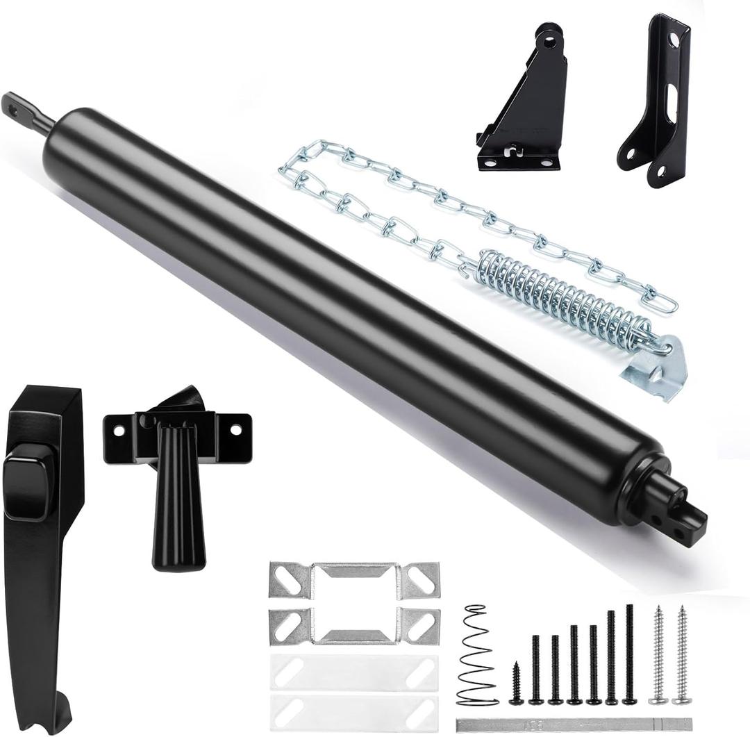 Black Screen and Storm Door Closer Kit, All in ONE, Closer for Heavy Storm Doors, Screen and Storm Door Push Button Latch Set, Storm Door Protector Chain and Spring, MGPneumatic002