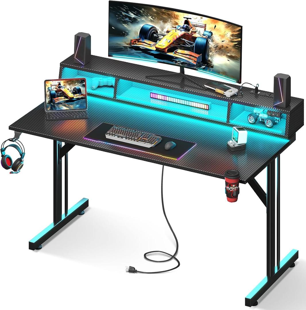 MOTPK 48 inch Gaming Desk with LED Lights & Power Outlets, Small Computer Gaming Table with Float Monitor Stand, Kids Boys Desk with Carbon Fiber Texture (Black)