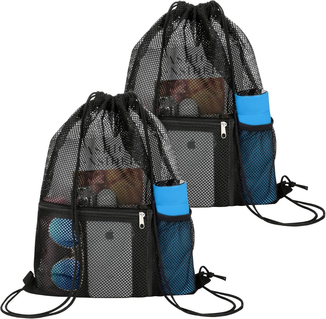 NATURAL STYLE 2 PACK Mesh Drawstring Backpack Bag, Multifunction Mesh Bag for Swimming, Athletic Gym, Clothes, Beach, Swim (Black)