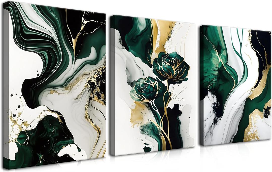 YHCTHT Abstract Emerald Green Canvas Wall Art Set of 3  Modern Green and Gold Marble Wall Decor, Luxury Abstract Artwork Prints for Living Room Bedroom Office Home Decoration  16x24in (24L" x 16W")