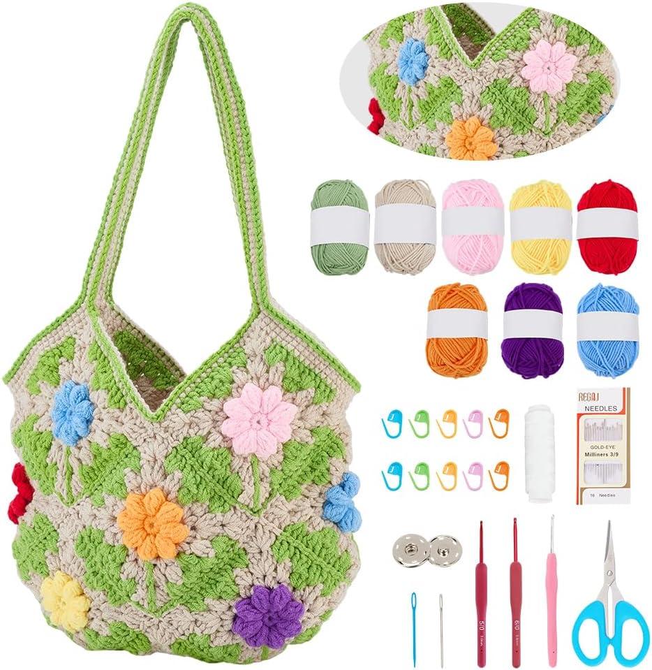 FREEBLOSS Flower Crochet Bag Kit for Beginners Crochet Tote Bag Kit with Video Tutorial Handmade Crocheting Handbag Making Supplies for Knitting Lovers