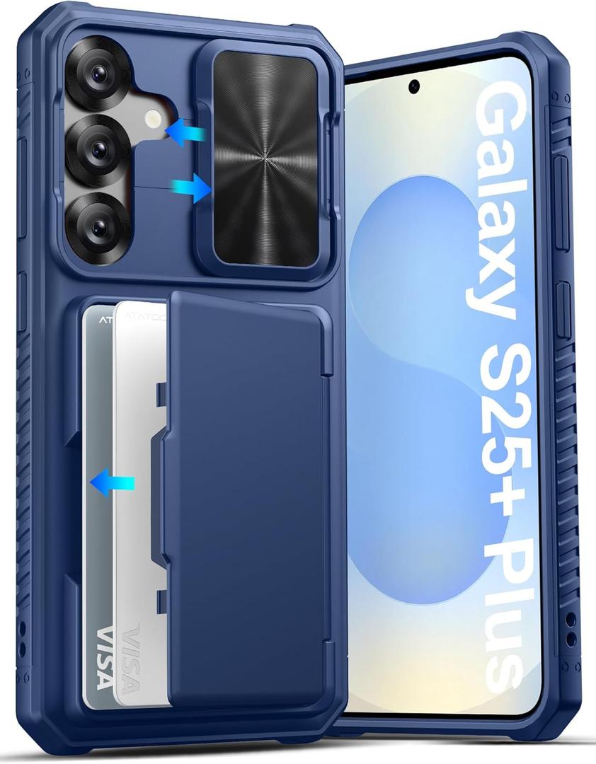 ATATOO for Samsung Galaxy S25+ Plus Case, Built-in Card Holder (3-5 Cards) & Slide Camera Cover & RFID Blocking, Military Grade Protection, Shockproof Silicone Wallet Case for Galaxy S25+ Plus, Blue