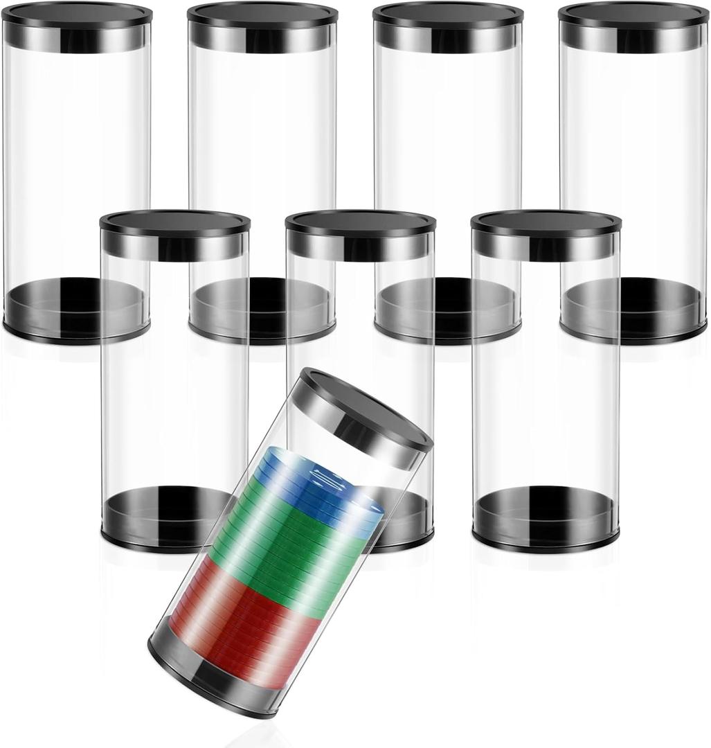 Remerry 8 Pcs 3.94 x 1.77 Inch Poker Chip Storage Tube, 30 PC Clear Casino Chip Tubes Plastic Collector with Lid for Coin Storage Casino Party Supplies