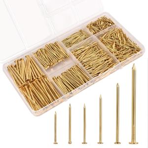 700 Pcs Picture Hanging Nails Assortment Kit - 6 Sizes Wall Hanging Set for Frame Art Photo, Brass Small Framing Nails, Gold Finishing Nails
