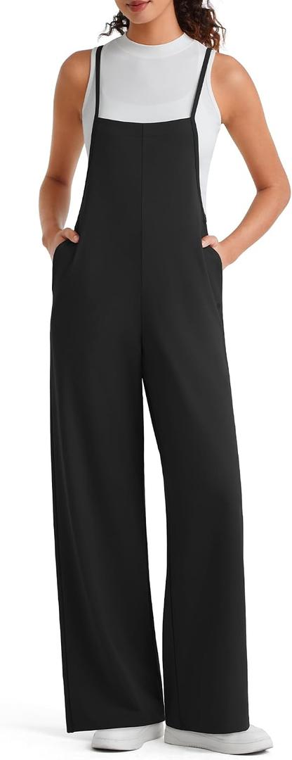 G4Free Sleeveless Overalls for Women Dressy Jumpsuits Wide Leg Pants Casual Jumpers Pockets Adjustable Straps Rompers(Black, S, Tall)