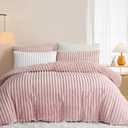 Fluffy Duvet Cover Set Queen Size Pink,Faux Rabbit Fur Plush Fuzzy Furry Bedding Set with Stripped Pattern,Shaggy Winter Warm Comforter Cover with Zipper Closure and 2 Pillow Shams
