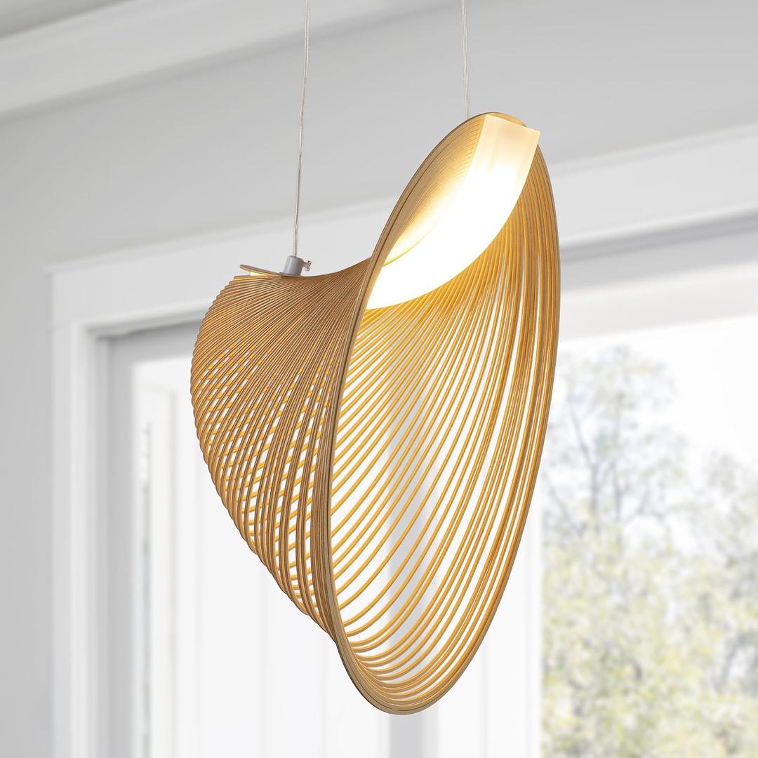 Modern Creative Dynamic Pendant Light, 23.6 Farmhouse Wooden Gravity Spiral Ceiling Mount Hanging Lamp, 20W, 1800LM, Warm White LED Chandelier for Living Room, Dining Room, Cafes, Decor(White)