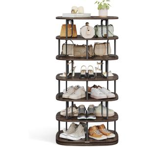 VASAGLE 7-Tier Shoe Rack, Rotating Shoe Rack Tower, Shoe Closet Organizer, Shoe Shelf, 28-35 Pairs, 23.6 x 23.6 x 47.2 Inches, for Entryway, Living Room, Closet, Ink Black and Ash Brown ULBS041B01