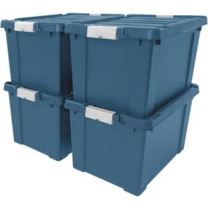 IRIS USA 20 Gallon Eco-Friendly Lockable Storage Bins with Lids, 4 Pack - Made in USA, Heavy Duty, Stackable Containers, Garage Organizing Bins Moving Tubs, Rugged Sturdy Equipment Utility Box - Navy