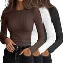 Ficerd 3 Pack Women's Ribbed Long Sleeve Tops, Crew Neck Slim Fit Undershirts Knit Basic Casual Stretch Layering Tee Shirts (XL)