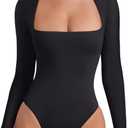 Cyanstyle Women's Sexy Square Neck Bodysuit Tops Long Sleeve Double Lined Leotards Shirt 2024 Fall Outfits Black XL