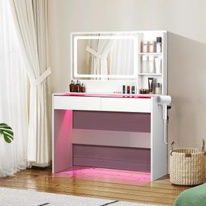 Vanity Desk,Makeup Vanity Desk with Mirror and Lights,Transparent Top with LED Multiple Color Lights,Mirror 3 Color Modes 2 Drawers,Power Outlet,Dressing Table for Girls Bedroom,White