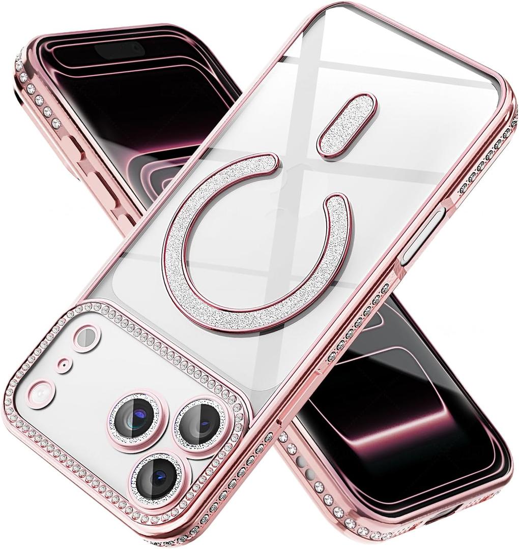 Magnetic Glitter Diamond for iPhone 13 Pro Case[Compatible with MagSafe] Sparkle Rhinestone Camera Lens Protector Plated,Crtstal Clear Slim Military Drop Shockproof Cover for Women,Pink