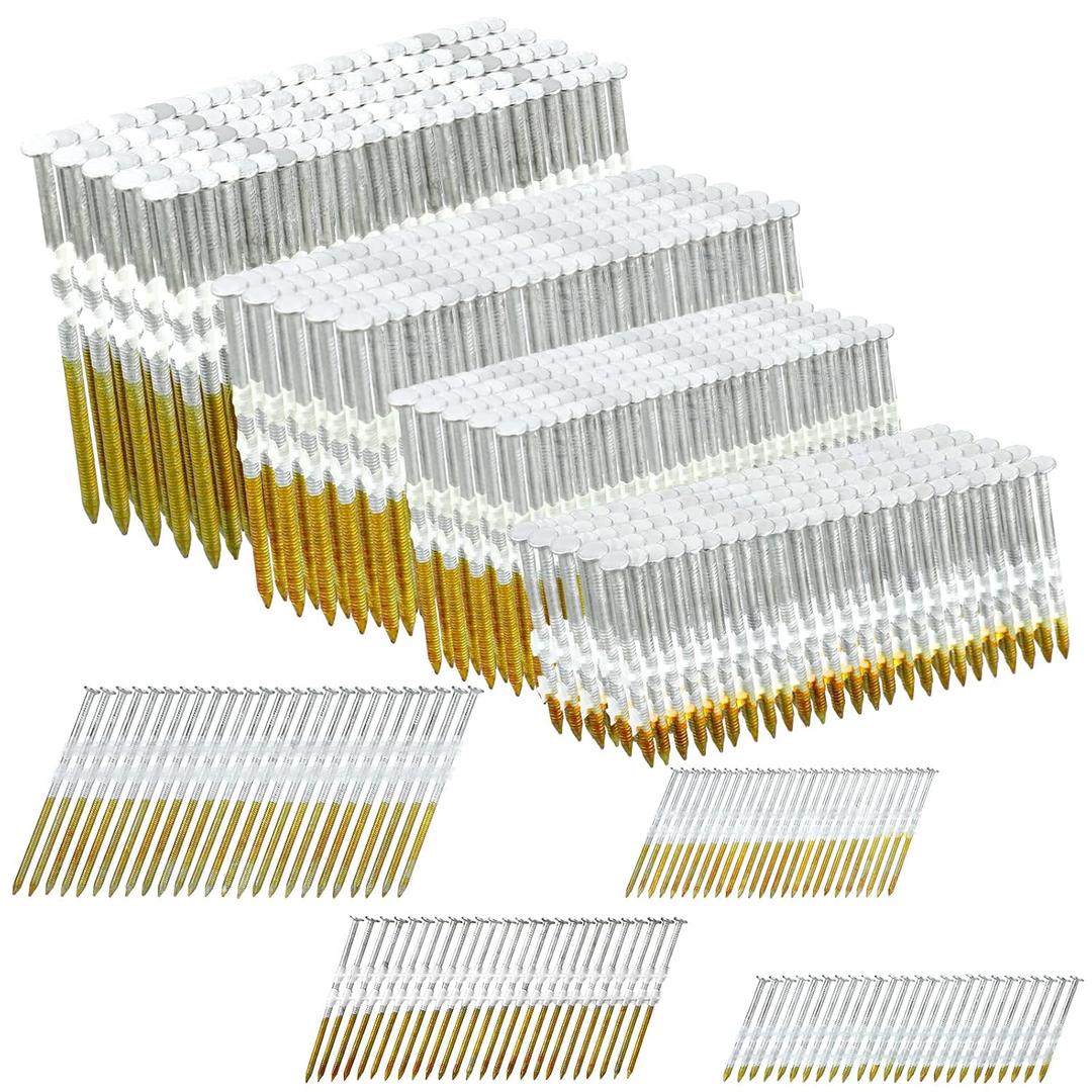 Therwen 800 Count 21 Degree Framing Nails Ring Shank Nails for Use in All Pressure Treated Lumber, Flat D Head, Galvanized, Plastic Row Fixed (2,2-1/2,3,3-1/2 Inch)