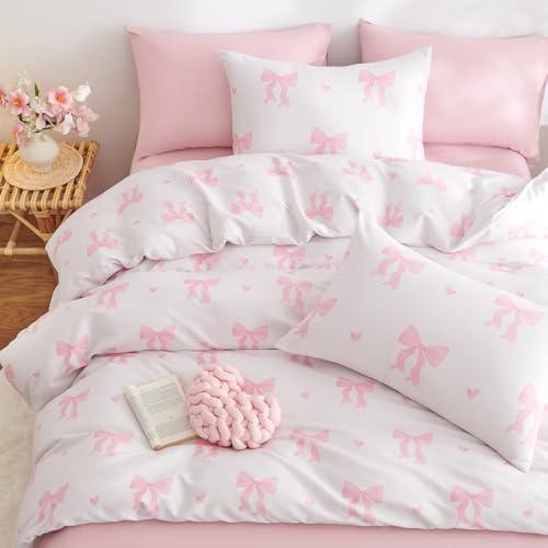 CCoutueChen Bow Bedding Duvet Cover Queen 3Pcs Pink Heart Bedding Set for Girls Kids,Cute Princess Style Bowknot Love Heart Design,Ultra Soft Comforter Cover with 2 Pillowcases(No Comforter)