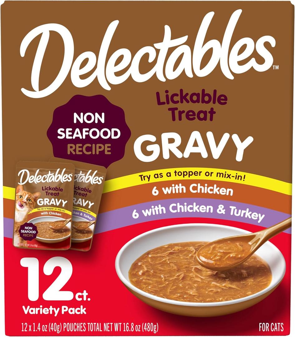 Delectables Lickable Treat Gravy Wet Cat Treat Variety Pack, Food Topper, Hydrating, Grain-Free, No Fillers, By-Products, Added Preservatives, 1.4oz Pouch, 12ct (EXP 12/24/27)