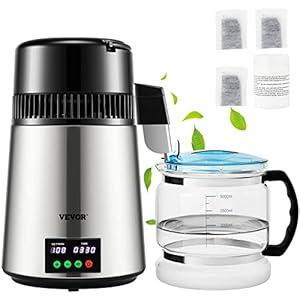 VEVOR 1.1 Gal Water Distiller, 0.3 Gal/ H, Distilled Water Maker Machine 750W 0-99H Timing Set Temp Display, 304 Stainless Steel Countertop Distiller Glass Carafe Cleaning Powder 3 Carbon Packs, Silver