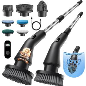 Leebein Electric Spin Scrubber, 2025 New Cordless Cleaning Brush Bathroom Scrubber, IPX7 Waterproof Shower Scrubber with 7 Brush Heads, Extendable Long Handle and 2 Speeds Scrubber for Bathtub Floor (Black)