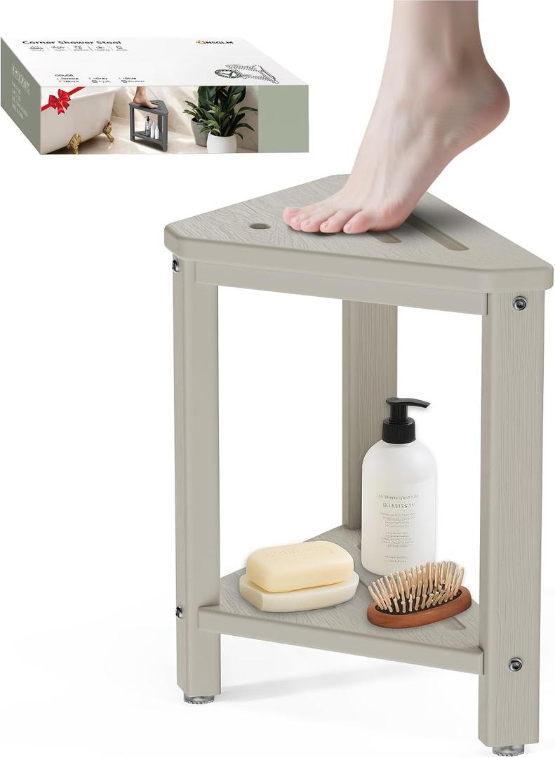 Shower Foot Rest 15in, HDPE Waterproof Shower Stool for Inside Shower, Corner Shower Stool for Shaving Legs with Storage Shelf for Small Space, Shower Step Stool, Plastic Corner Shower Bench, Beige