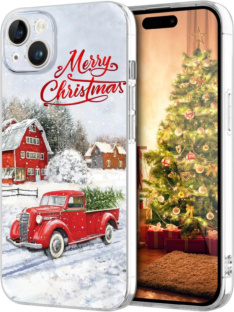 for iPhone 15 Plus Case, Cute Red Car Pattern Merry Christmas Phone Case for Women Girls Children Anti-Yellow Soft TPU Bumper Shockproof Protective Cover for iPhone 15 Plus