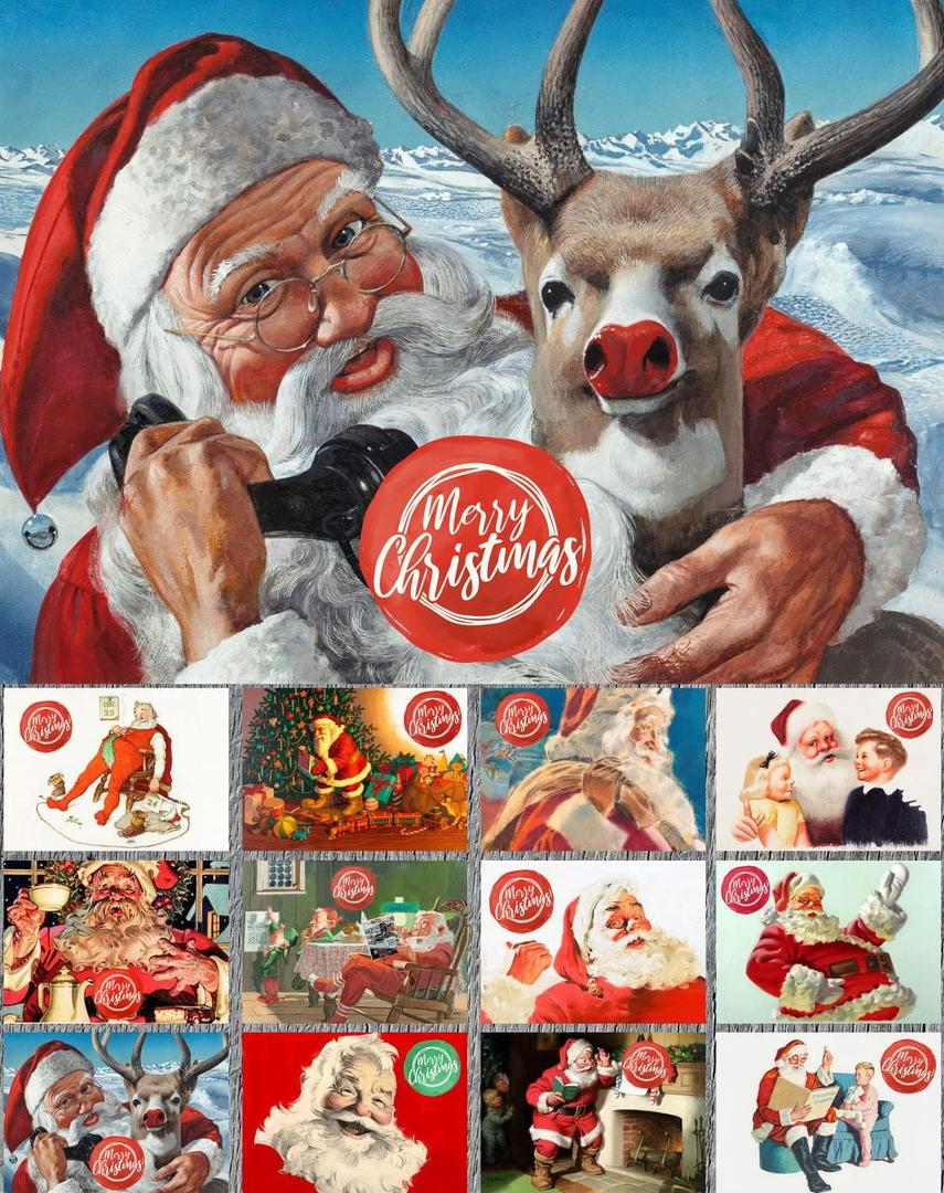 PIXILUV CHRISTMAS Greetings Cards 12 Notecards ~ Friendly Santa Working and Playing ~ Vintage Postcards Reprint (Orange)