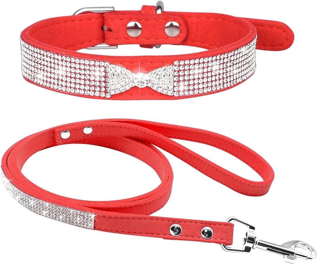 Cute Dazzling Sparkling Elegant Fancy Soft Suede Leather Bling Rhinestone Crystal Jeweled Pet Cat Dog Puppy Collar Dog Leash Combo Set (M, Red-4)