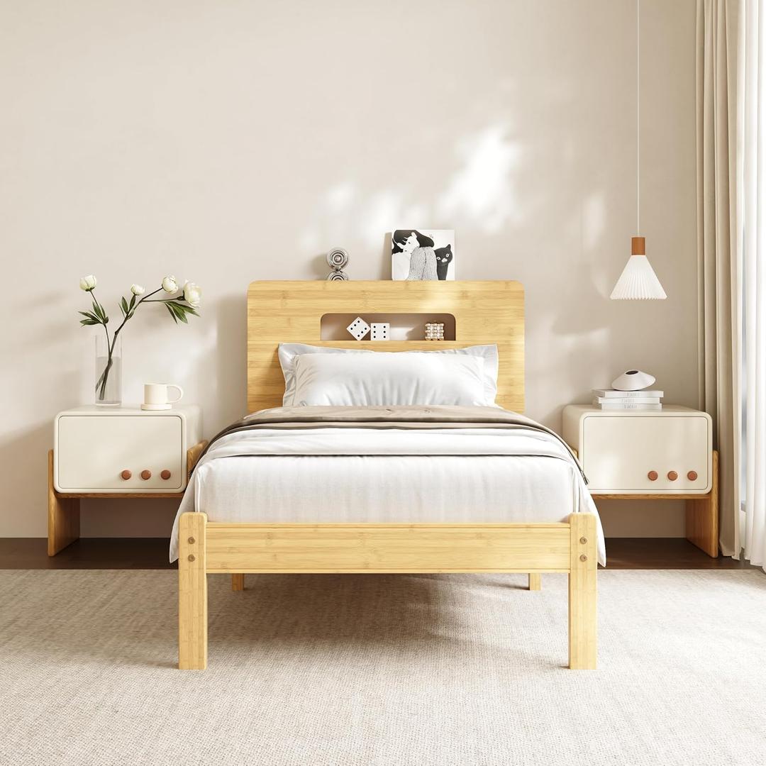 COMASACH Solid Bamboo Twin XL 14 Inch Platform Bed Frame with Headboard | Heavy-duty metal slat support, no box spring required, easy assembly, quiet noise-free structure, crafted from natural bamboo