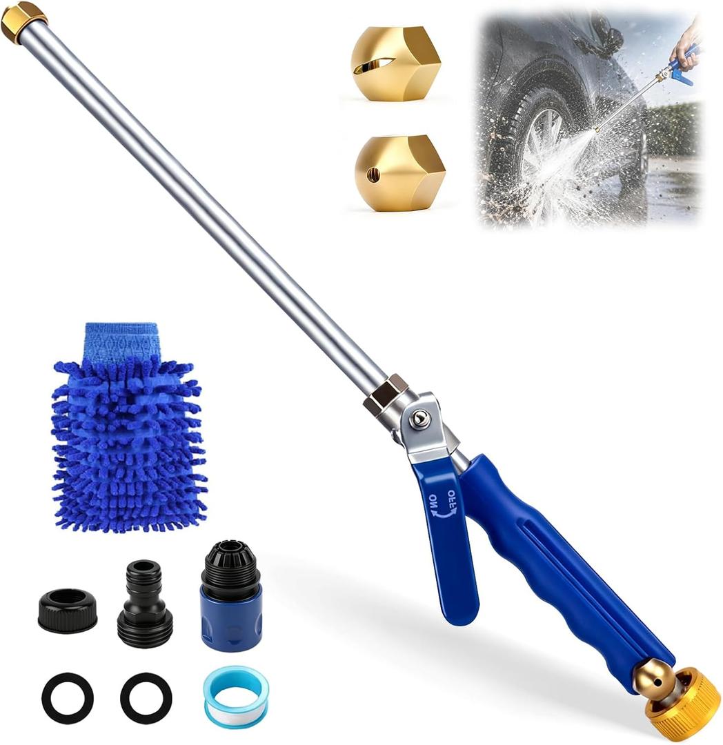 Jet Nozzle High Pressure Hose Nozzle 2-in-1 Hose Power Washer with 2 Spray Heads, Leak-Resistant Hose for Car, Patio, Pets, Orchard, Quick Connectors & Gloves for Garden/Home