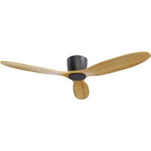 Flush Mount Ceiling Fan no light with Remote, 52 inch Low Profile Wood Ceiling Fan without light for Outdoor, Bedroom, Natural Wood and matte Black, DC Motor, 6 Speed