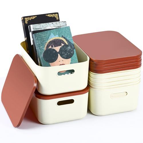 Reallnaive 8 Pack Open Storage Box Plastic Bins with Lids Desk Storage Baskets Organizer Container Stackable Boxes with Handles for Office, Bathroom, Kitchen, Playroom, Crafts(13.8 × 9.6 × 5.7 Inch)