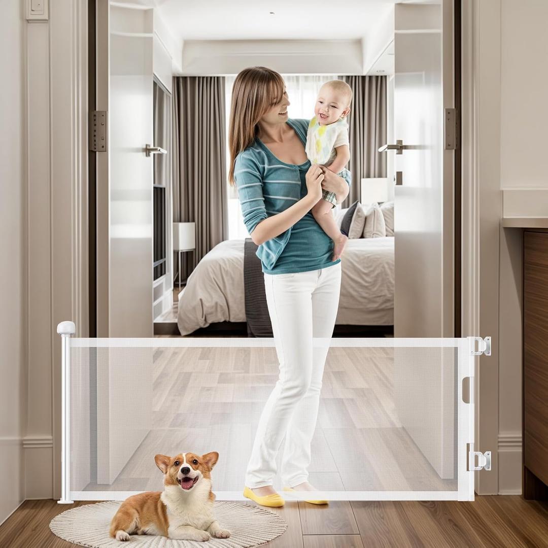 24" Tall Retractable Baby Gates to Step Over, Short Dog Gates Pet Gate for Puppies Small Dogs, 0-55" Wide Adjustable Mesh Baby Gate for Doorways and Stairs, Indoor/Outdoor Use (White)