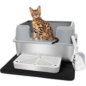Vivifying Stainless Steel Cat Litter Box, Large Semi-Enclosed Litter Box with Lid, Anti-Leakage Metal Pan for Easy Cleaning & Odor Control (Gray) (Large)