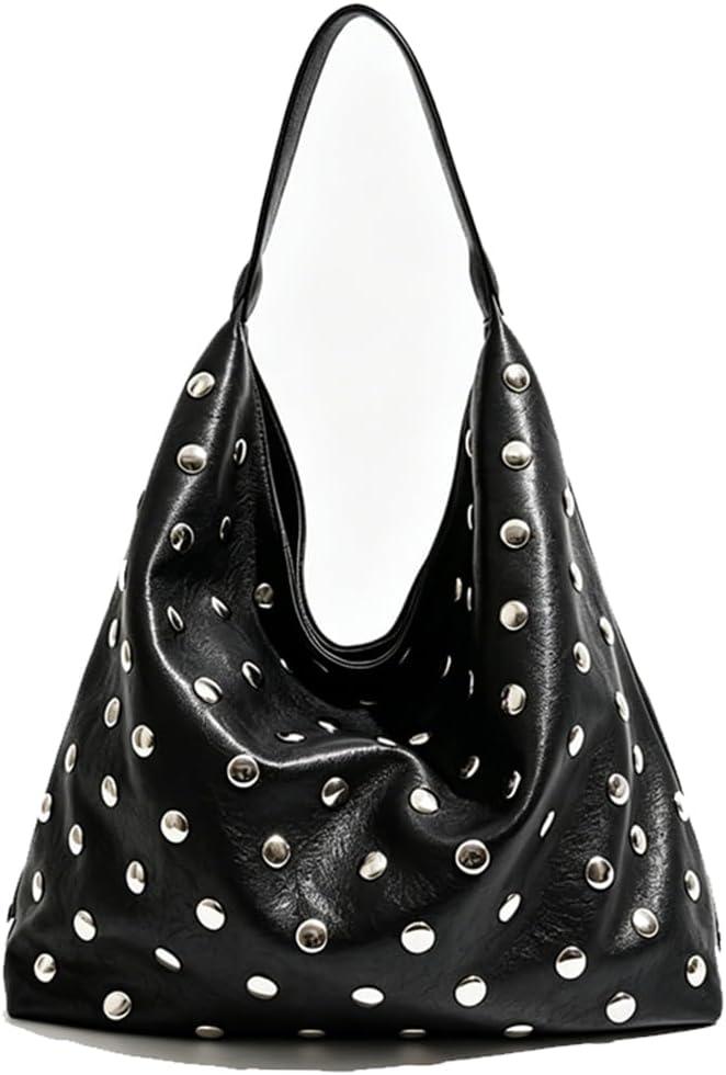 Studded Hobo Bags for Women, Soft Vegan Leather Rivet Slouchy Tote Purse, Punk Studded Deco Shoulder Handbag (Studded Pitch Black)