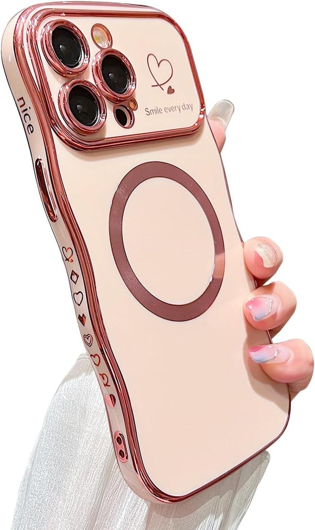 for iPhone 15 Pro Max Case Magnetic,for Women Girls Soft Cute Wave Frame Curly Shape Love Heart Luxury Plating Phone Case Compatible with MagSafe Shockproof Back Cover 6.7"-Pink