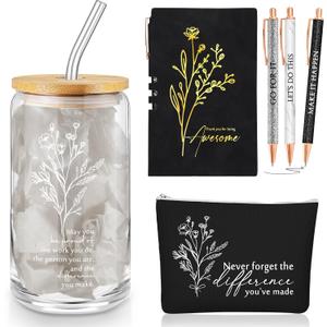 Funnymoom 6 Pcs End of Year Gifts Set 17oz Aesthetic Glass Tumbler Floral Makeup Bag Inspirational Journal Glitter Ballpoint Pens for Student Teacher Women School Staff Coworker Retirement