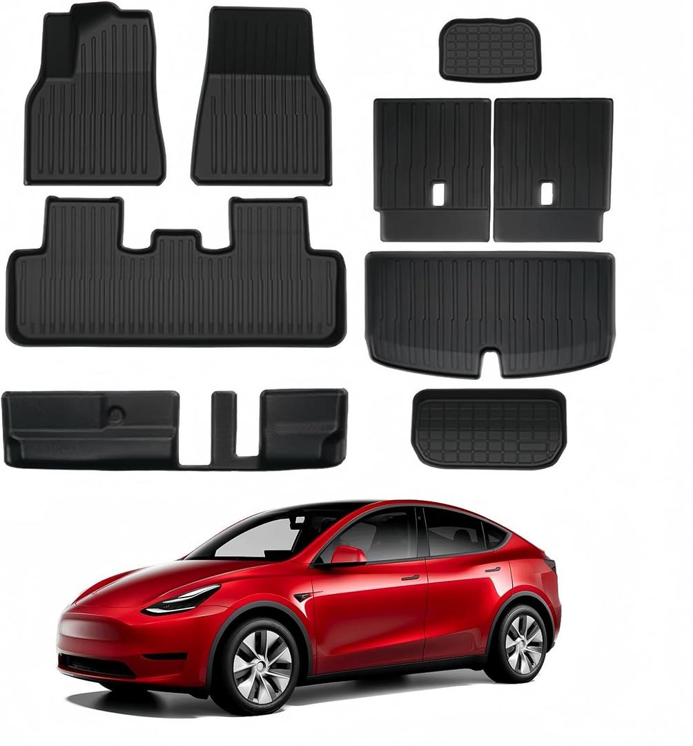 KIKIMO 9PCS for Tesla Model Y Floor Mats 7 Seater 2020-2023 2024 2025, for Tesla Model Y Accessories, All Weather Floor Mats Custom Fit Anti-Slip Cargo Trunk Backrest Liners (Not Fit 5)