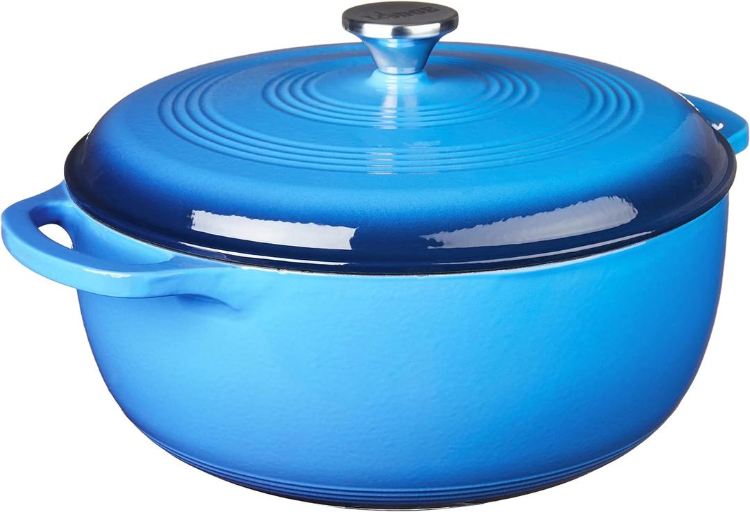 Lodge 7.5 Quart Enameled Cast Iron Dutch Oven with Lid  Dual Handles  Oven Safe up to 500 F or on Stovetop - Use to Marinate, Cook, Bake, Refrigerate and Serve  Caribbean Blue