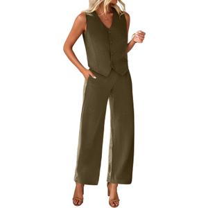 KIRUNDO Womens Suits 2 Piece Set Summer Linen Crop Blazer Vest and Pants Sets Dressy Casual Matching Clothes Going Out Outfits (Army Geeen, X-Large)