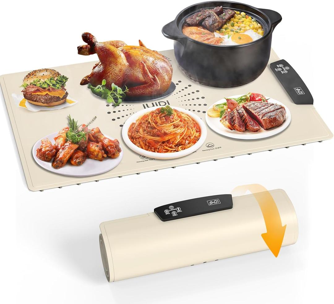 Food Warming Mat, Large Electric Warming Tray with 7 Temperature Settings 2-12H Timer and Child-Lock Fast Full Surface Heating Roll Up Food Warmers for Parties Buffet Gatherings Countertop (Off-White)