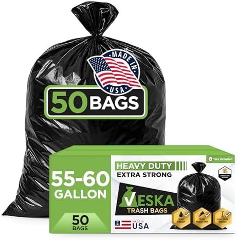 Veska 55 Gallon Trash Bags Heavy Duty, (Value-Pack 50 Count w/Ties) 55-60 Gallon Trash Bags Large Black 50-60 Gallon Garbage Liners for Lawn, Leaf, and Commercial