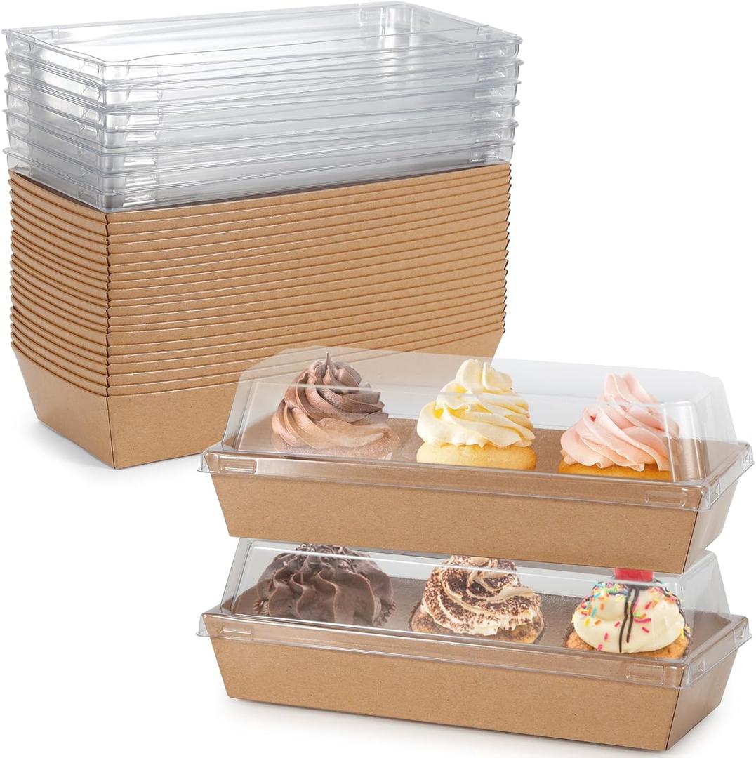Charcuterie Boxes with Clear Lids, 50 Pack 7.5x3.3 Inches Brown Dessert Boxes Rectangle Disposable Bakery Boxes to Go for Cupcakes, Donuts, Valentine, Wedding Party, Outdoor & Home Use